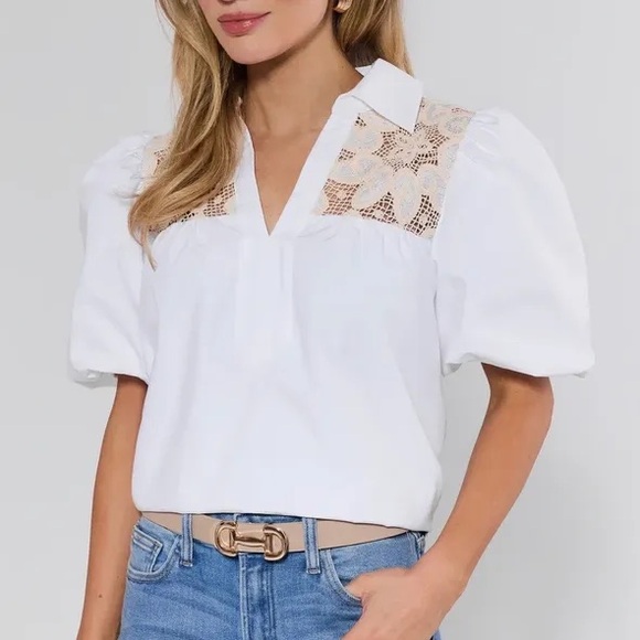 Avara Tops - AVARA  Penelope Crochet Cotton White top puff sleeve sz XXXL